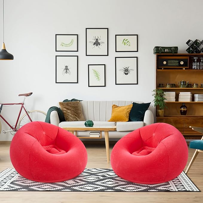 Realspring Inflatable Bean Bag Chairs Outdoor Blow up Camping Chairs Inflatable Lazy Sofa Folding Portable Bean Bag Loungers Couch for Movie Night (Red,2 Pcs)