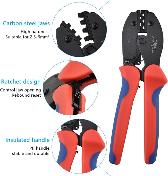 Heavy Duty Solar Cable Crimping Tool Kit, 6 Pairs Solar Panel Connectors, 1Pcs Solar Cable Crimper,1Pcs straight and Cross Spanner Wrenches, Solar Wire Crimping Tool for PV Cable Installation, Black