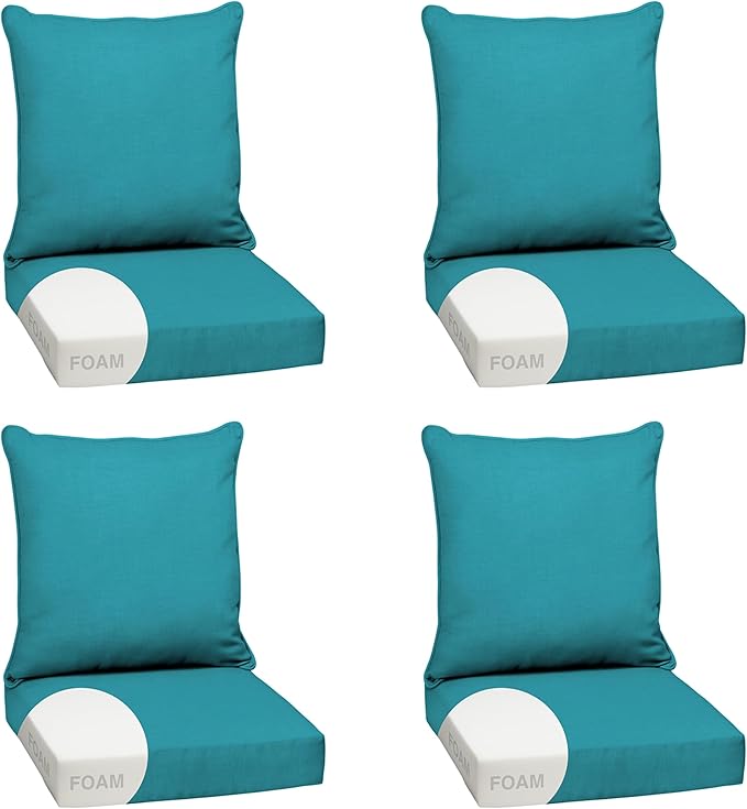 Arden Outdoor Foam Deep Seat Cushion Set (4-Pack), 24x24, Premium High-Density Foam, Never Flattens, Weather-Proof for Patio Chair Sofa Couch, Lake Blue Leala