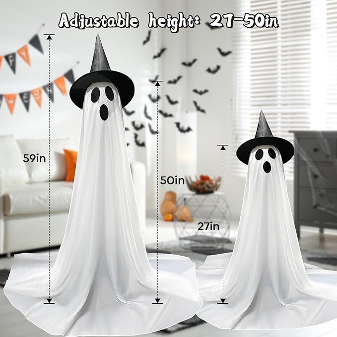 Halloween Decorations Outdoor & Indoor Decor - 2 Pack 59-inch Remote Control Spooky Ghost String Lights with Witch Hats, Halloween Lights for Porch, Yards, Patio, Garden Lawn, Party