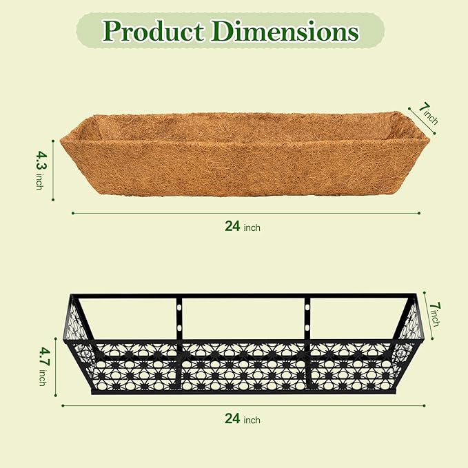 SPECILITE 24" Window Boxes Planters, Heavy Duty Metal Railing Planter Boxes, Adjustable Balcony Planters for Railing Hanging, with Coco Liner & Tool Set for Deck, Porch, and Patio Gardening (2 Pack)