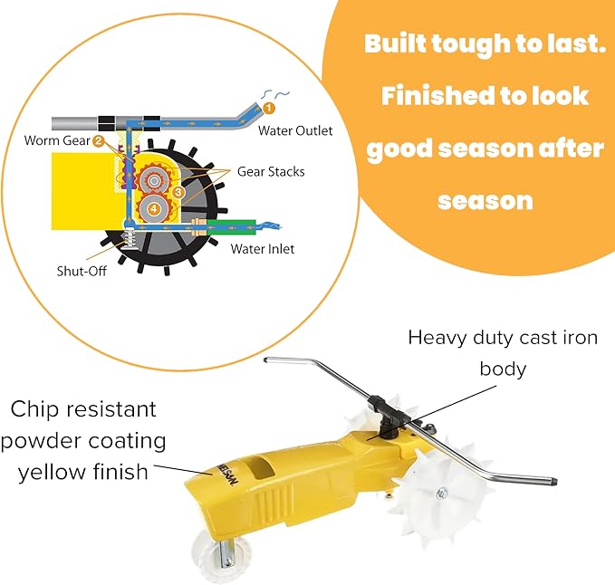 Nelson Rain Train 13,500 Square Feet Cast Iron Outdoor Lawn Traveling Water Sprinkler for Yard, and Garden, with Auto Shut Off, Yellow
