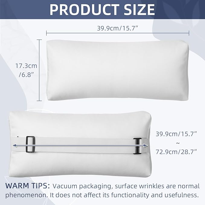 Chaise Lounge Head Pillow, 2 Pack Outdoor Patio Pillows with Adjustable Strap, Lounge Head Resting Pillow for Recliner Beach Pool Lounger Office Chair(White,Water Resistant)