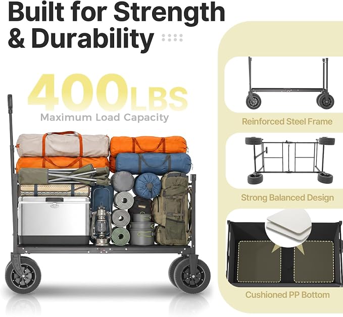 EchoSmile Collapsible Wagon Cart for Camping & Beach - Heavy Duty 400lbs Capacity All-Terrain Cart with Wide Wheels, Portable Folding Utility Wagon for Grocery, Garden, Sports,Black