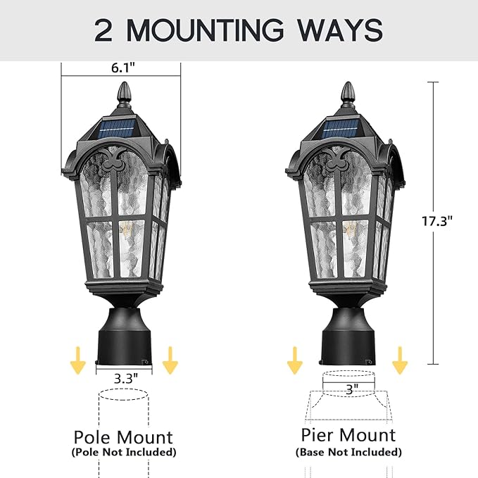 Emliviar 17.3 Inch Solar Lamp Post Light in Black Finish, Dusk to Dawn Outdoor Light Fixture with Remote Control, Pole Light with Water Grain Glass Shade, LED Bulb Included, YXE302P-SL BK