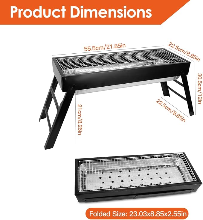 Foldable Charcoal Grill, Portable BBQ Grill with Stainless Steel Grill Net, Easy Setup Tabletop Barbecue for Camping Picnic Outdoor Party Backyard (22 x 9 x12in)