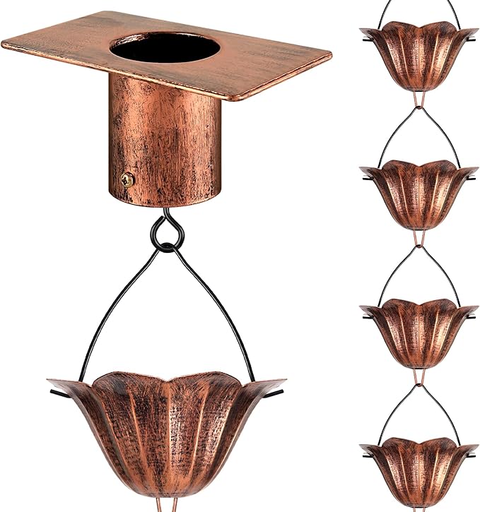Rain Chains for Gutters Outside 8.5FT Copper Rain Catcher Chain with Adapter 16 Cups Decorative Replacement for Downspout