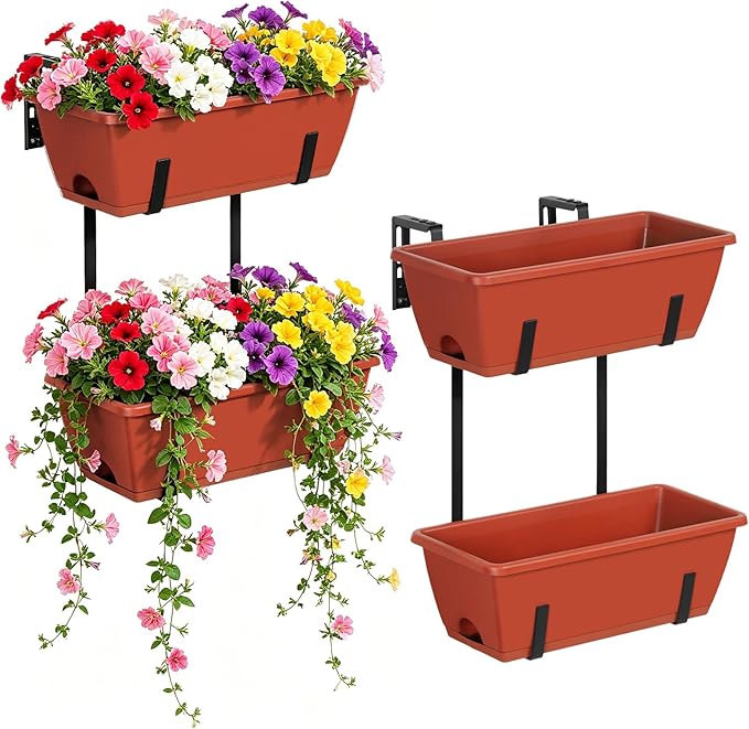 Railing Planter Box 4 Pack Window Boxes Planters 16.9 Inch Rectangular Planter with Adjustable Brackets 2 Tier Outdoor Balcony Hanging Planters Set of 2 for Railings Garden Porch Patio, Brick Red