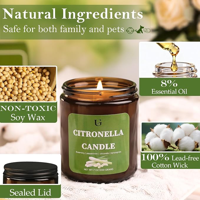 4 Packs Citronella Candles Outdoor, Natural Soy Wax Citronella Scented Jar Candle for Summer, 7oz Large Lemongrass Candle, 50 Hours Burn Time, Indoor and Outdoor Candles for Patio, Garden & Camping