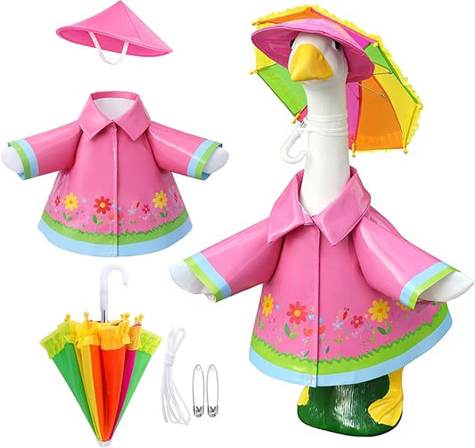 DECOHS 3 Pcs/Set Raincoat Porch Goose Outfits, Summer Lawn Goose Statue Raincoat Costume, Yard Goose Clothes Raincoats Umbrella Hat Outfit for 23" Statue Patio Garden Decoration (Rosy)