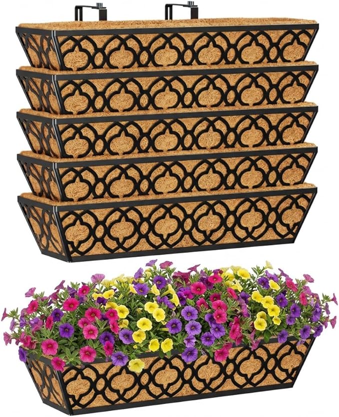 Y&M 6Pcs 24 Inch Window Deck with Coconut Coir Liner, 24" Railing Planter Horse Trough Coco Basket Boxes Metal Hanging Flower Balcony for Outdoor Garden Fence Lawn
