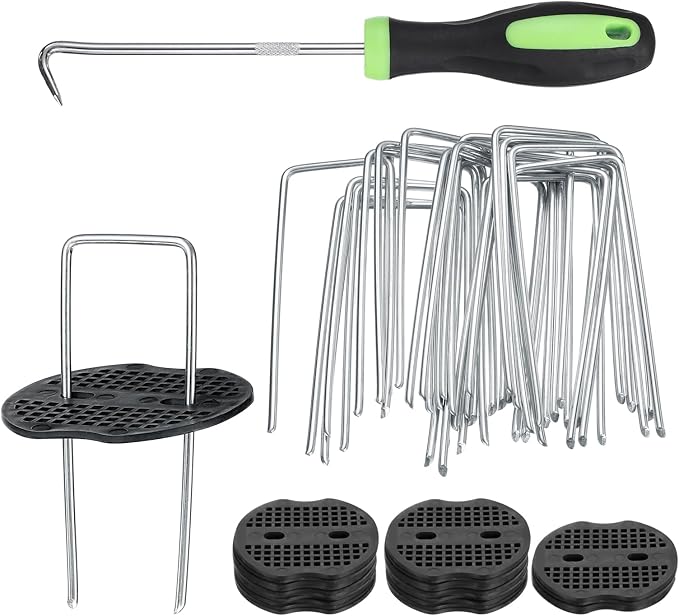 uxcell 25Pcs Garden Stakes, 4 Inch 11 Gauge Galvanized Landscape Staples U-Type Turf Stake Sod Pin Plant Stakes with Gasket&Hook for Landscaping Securing Weed Barrier Fabric, Silver