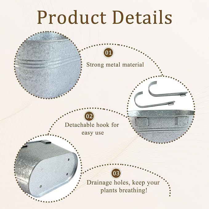 Balcony Galvanized Hanging Planters Railing Flower Pots, Outdoor Metal Fence Planter Pot with Detachable Hooks Drain Hole for Garden Patio Yard Decor (10 Inch, 8Pcs)