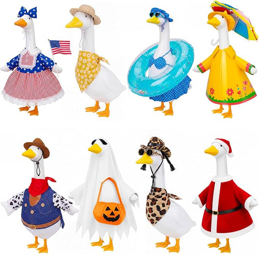 8 Sets Porch Goose Outfits Clothes All Seasons Bundle for Summer Houston Rodeo Spring Easter 4th of July Fall Halloween Christmas Decoration for 23 inch Porch Goose Lawn Yard Decor