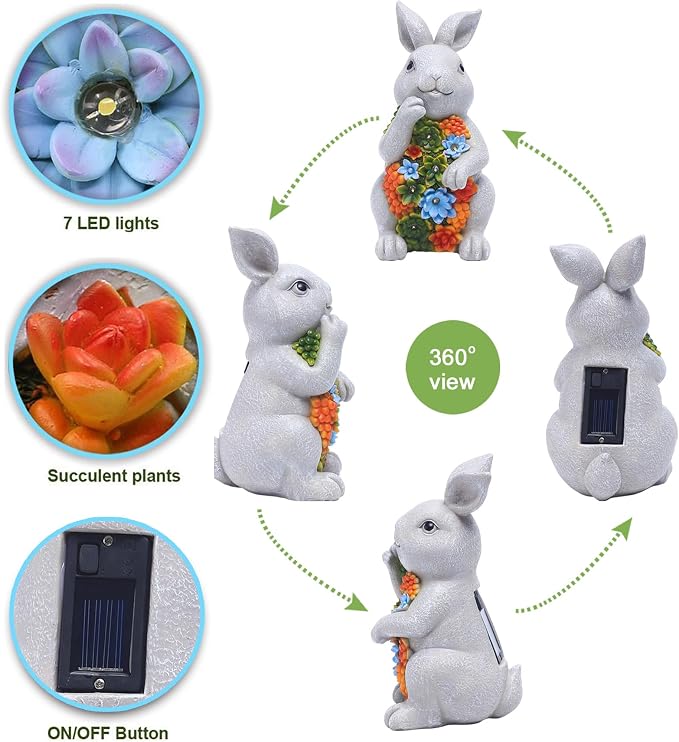 Nacome Solar Garden Outdoor Statues Bunny with Succulent and 7 LED Lights – Lawn Decor for Patio, Balcony, Yard Ornament for Mom Grandma Women