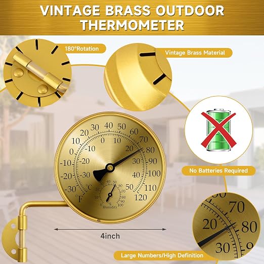 4 Inch Analog Outdoor Thermometer Hygrometer, Brass Mechanical Weather Station with Rotatable Wall Mount, Waterproof Large Dial Easy-Read Numbers for Patio Garden Greenhouse Home Outside