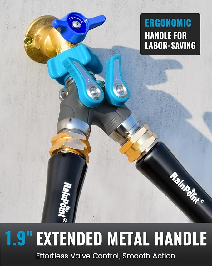 RAINPOINT Garden Hose Splitter, 2 Way Heavy Duty Water Hose Y Spigot Splitter with Shutoff Valves, 100% Metal Body Outdoor Faucet Splitter, 1.9" Extra Long Metal Handle, 3/4" GHT Thread (2, Blue)