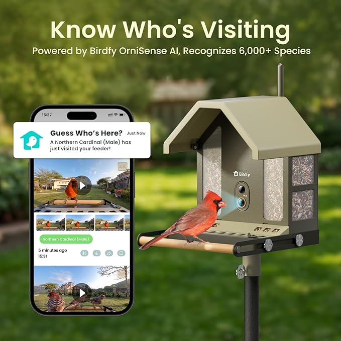 Birdfy Smart Bird Feeder with Camera, 4K UHD Video, Dual-Band 2.4/5GHz Wi-Fi, Solar Powered, AI Identification Lifetime Free, Bird Watching Gift for Bird Lovers