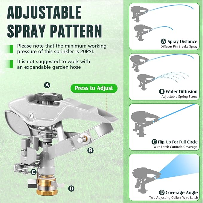 3 Sets Rotating 360 Degree Swivel Garden Sprinkler Pulsating Impact Sprinkler with Metal Base, Heavy Duty Adjustable Garden Hose Sprinklers System for Large Area Lawn Yard(Large Head)