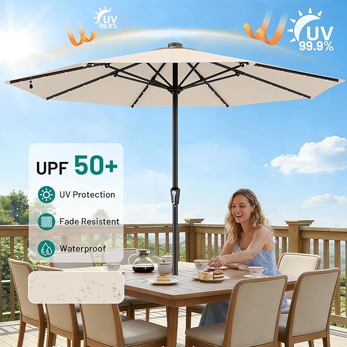 AreShark 11FT Large Patio Umbrella with Solar Lights, Lighted Solar Umbrella with Crank, Outdoor Table Market Umbrellas for Garden, Deck, Backyard, Pool and Beach, Cream-White