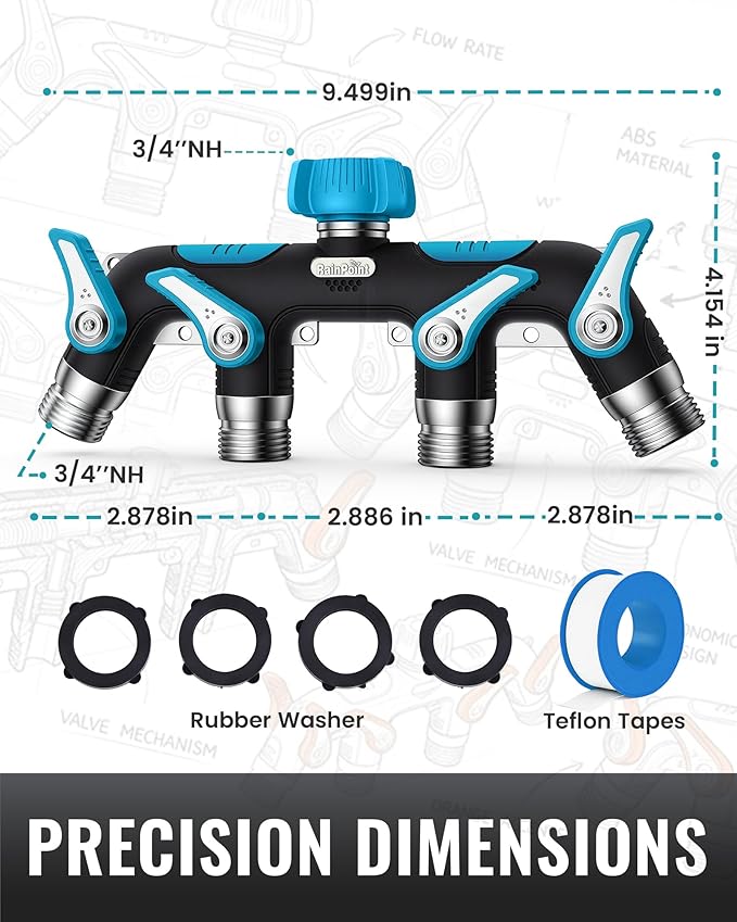 RAINPOINT 4 Way Garden Hose Splitter, 100% Metal Heavy Duty Water Hose Splitter with Individual Shut-Off Valves, 3/4" GHT High Flow Outdoor Faucet Splitter, 1.81" Extra Long Handle (Blue)
