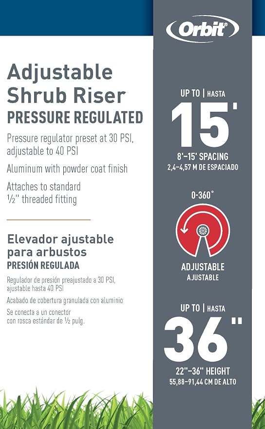 Orbit 37335E - 22" - 36" Pressure-Regulating Adjustable Sprinkler Riser with 15' Adjustable Pattern Nozzle