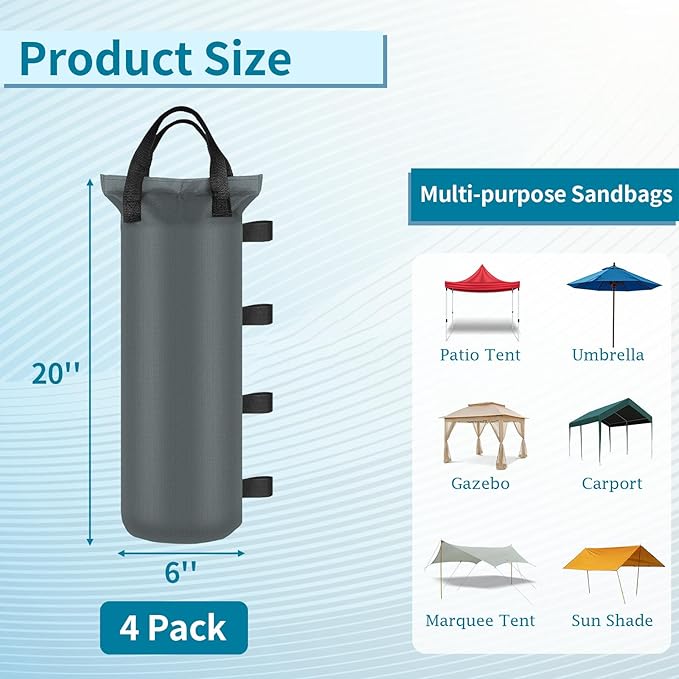 4 Sand Bags for Weight, Heavy Duty Sandbags for Canopy Legs, Extra Large Pop Up Tent Weights, Canopy Weight Bags for Gazebo, Outdoor Sun Shelter, Umbrella - Gray, 6"×20", Without Sand