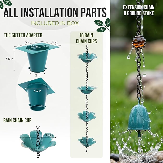 Blue Flower Rain Chain - 8.2FT Iron, 16 Flower Cups, Glass Marble & Bell, Gutter Adapter Included, Outdoor Garden Decor