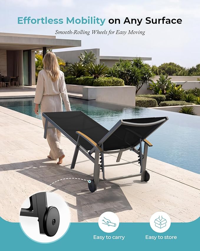 Ciokea Outdoor Lounge Chair with Pillow Set of 4, 5-Position Chaise Lounges with Wheels & Armrests, 400 lbs Heavy Duty Aluminum Pool Lounge Chairs, for Deck, Beach, Backyard & Poolside, Black
