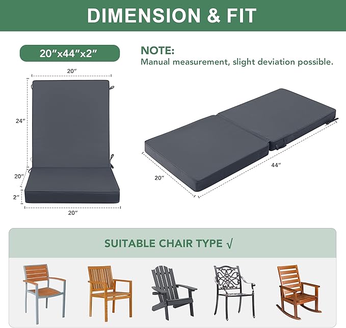 Summsun 4 Pack High Back Outdoor Chair Cushions, Water Resistant Patio Seat Cushion Set with Ties, Removable Covers, Non-Slip Bottom for Garden Lawn Patio Furniture, 44 x 20 Inch, Dark Grey