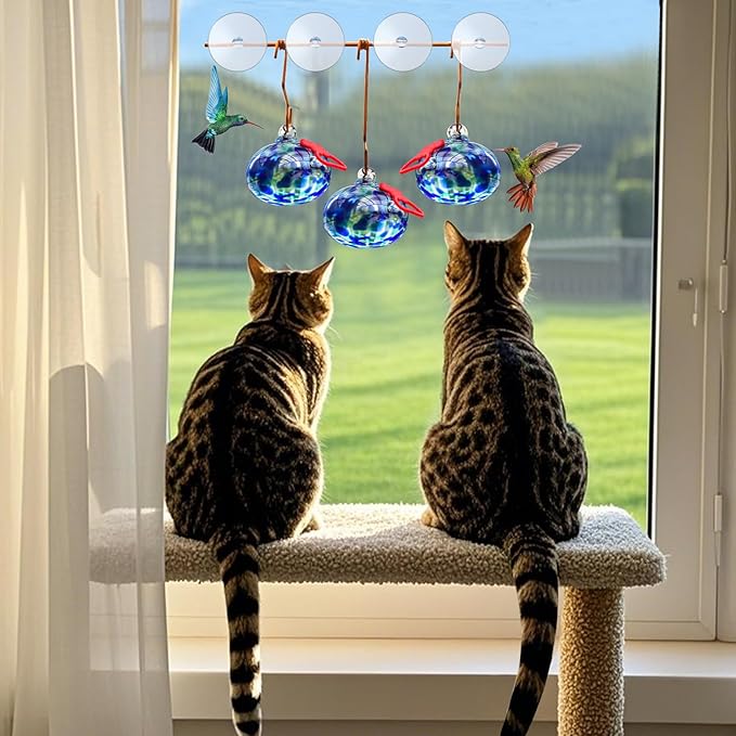 Pozfun Window Hummingbird Feeder with Suction Cups,Hand-Blown Glass Hummingbird Feeders for Outdoors Window Mounted with Metal Hook,Close Bird Watching,Finch in Garden,Yard(Dotted Blue)