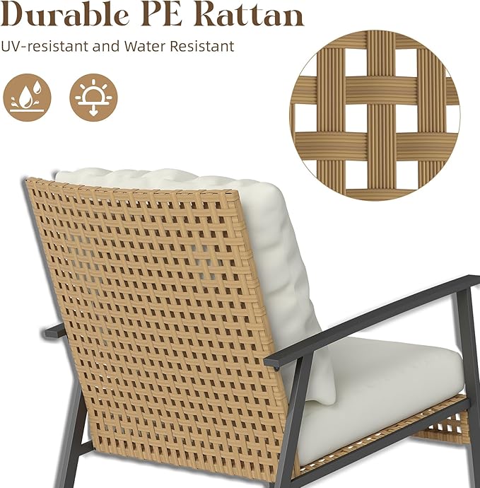 LEX CRAFT 3 Piece Outdoor Rocking Chairs, Outdoor Patio Furniture Set with Thick Cushion and Coffee Table Rattan Rocking Bistro Set for Grand Porch Balcony Garden (Beige)