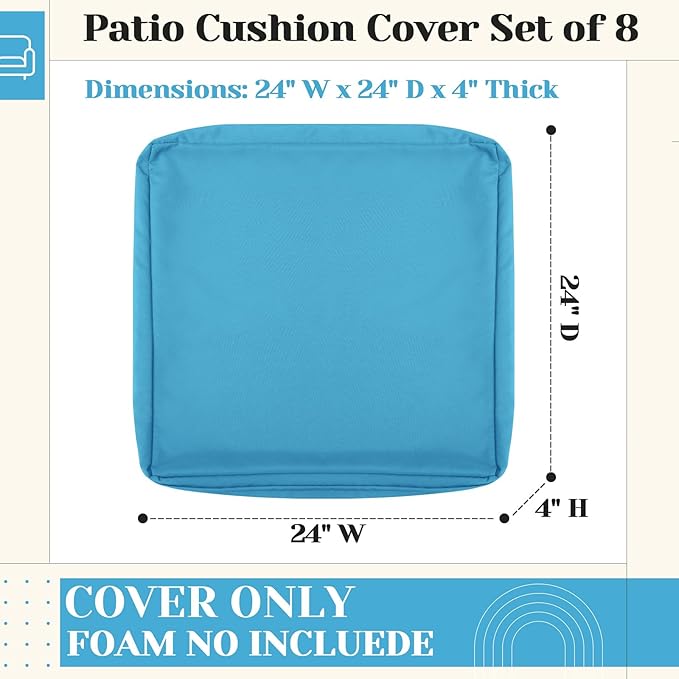 Mindsoft 8 Pcs 24"x24" Patio Cushion Covers Outdoor Cushion Covers Replacement High UV Resistant Anti Slip Waterproof Patio Chair Seat Slipcovers for Outdoor Furniture(Lake Blue)