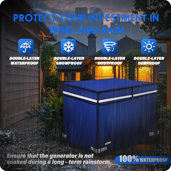 2025 Upgrade 900D+210D Heavy Duty Thicken Fabric. GUYISS Generator Covers While Running. 360° All-round Double-layer Protection. 38’’L×28’’W×27’’H. The Top can be Opened for Adding fuel. Blue.