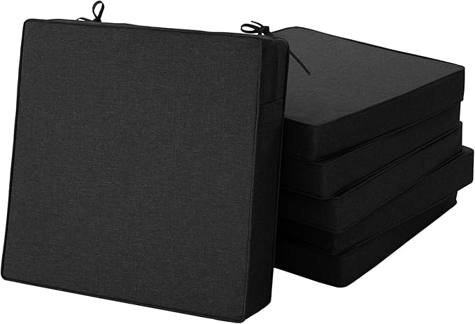 Outdoor Chair Cushions, Water-Resistant & Fade-Resistant, Patio Furniture Square Seat Replacement Chair Pads with Ties Zipper, Removable Cover, Non-Slip Bottom, Set of 6, 22 x 22 Inch, Black