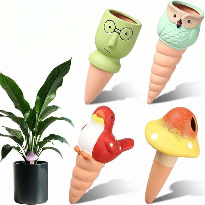Domensi 4 Pack Terracotta Plant Watering Devices, Self Watering Spikes, Mushroom, Bird, Head, Owl-Shaped, Automatic Insert System Decorative Stakes, Cute Plant Spikes for Indoor Outdoor Plants