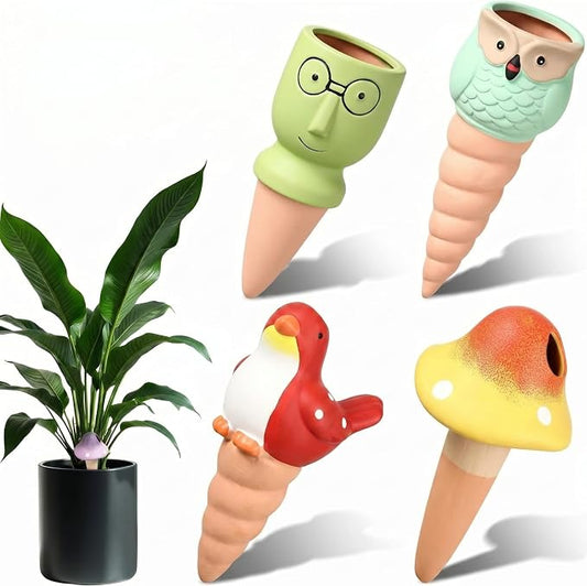 Domensi 4 Pack Terracotta Plant Watering Devices, Self Watering Spikes, Mushroom, Bird, Head, Owl-Shaped, Automatic Insert System Decorative Stakes, Cute Plant Spikes for Indoor Outdoor Plants