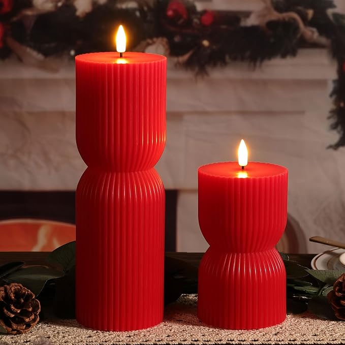 Red Ribbed Flameless Pillar Candles with Remote, Battery LED Wax Candles Flickering Valentines Day Decor Gift Set of 2