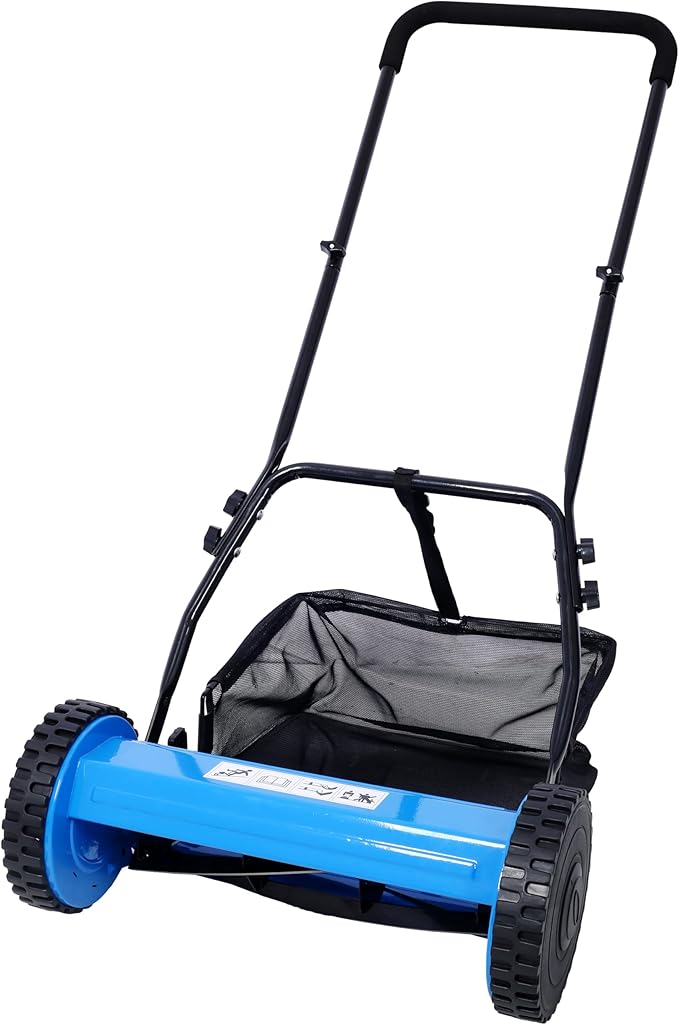 KEIKI 14-Inch Manual Lawn Mower, Push Reel Mowers w/Grass Catcher & Adjustable Cutting Height, 2-Wheels Small Lawnmower with 5 Steel Blades for Graden, Spaces Saving & Easy Assembly, Blue