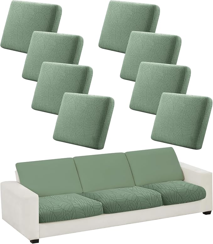 CALBODE 8Pcs Stretch Couch Cushion Covers, Water Resistant Outdoor Sofa Cuhsion Cover Replacement,Washable Outdoor Patio Chair Seat Cushion Covers for Furniture Protect (Sage Green, Leaf Textured)
