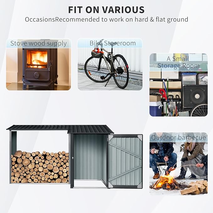Ball & Cast 106.5" Outdoor Steel Firewood Rack Metal Storage Shed with Door and Reinforced Base,Multi-Functional 2 in 1 Waterproof Cabinet W/Roof,for Equipment Machines,Black