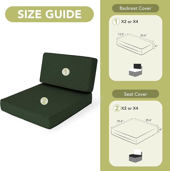 Outdoor Furniture Cushions 25.6x25.6 Inch, Deep Seat Patio Couch Cushions Replacement for Sectional Conversation Set Sofa Loveseat, Water Resistant, Removable Cover, Set of 4, Olive Green
