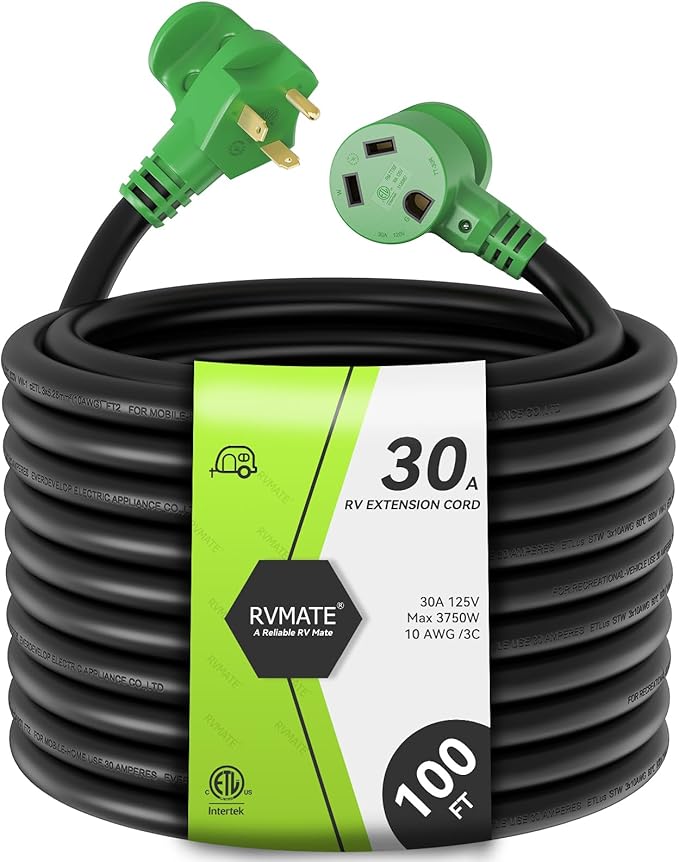 RVMATE 30 Amp 100 Feet RV Power Extension Cord with Easy Plug-in Handle, TT-30P to TT-30R, LED Indicator, 10 AWG, ETL Listed