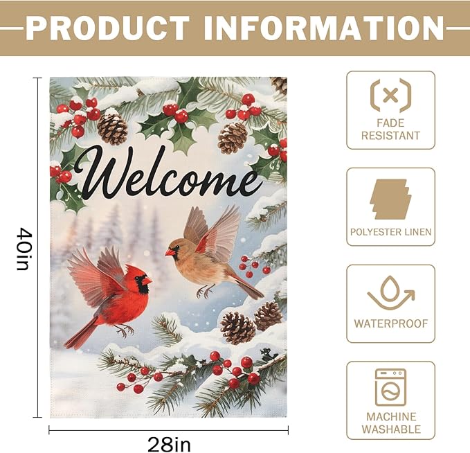 Welcome Winter House Flag 28x40 Inch Cardinal Bird Xmas Holiday Seasonal Theme Decorative Garden Flags for Outside Double Sided Outdoor Home Farmhouse Decoration Porch Yard New Year Decor