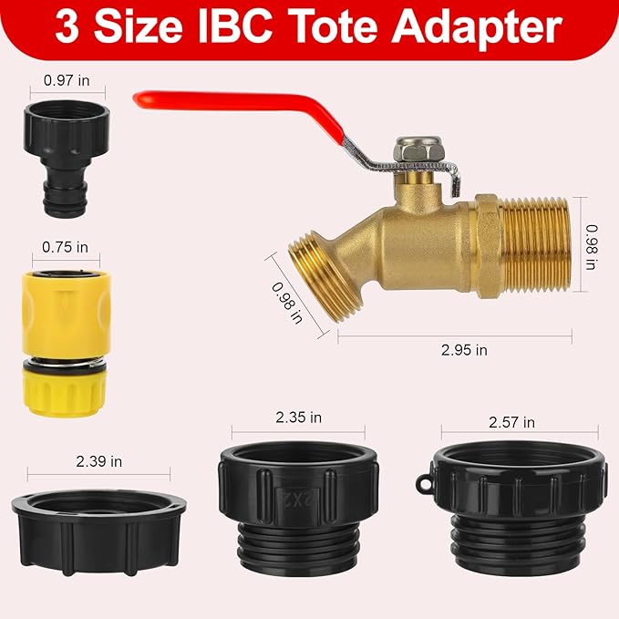 275-330 Gallon IBC Tote Hose Adapter,3-Size IBC Tote Adapter, 2.44" Fine、2 "Fine, and 2" Coarse Thread,3/4" Male NPT Inlet ×3/4" Male GHT Brass Hose Faucet Garden Hose Connector （Red handle）