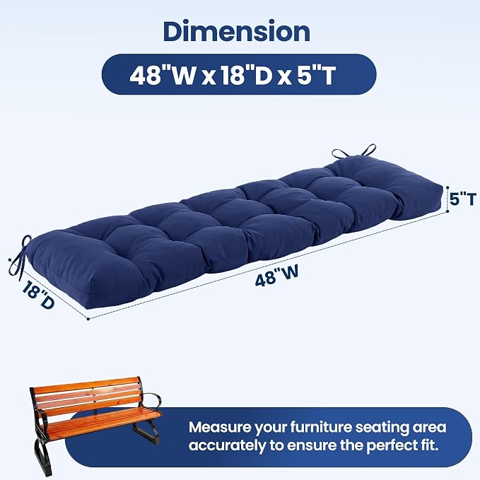 IASEAHK Outdoor Bench Cushion 48x18x5 Inch, Waterproof & Fade-Resistant Patio Furniture Cushions, Tufted Memory Foam Indoor/Outdoor Cushions for Couch Swing with Non-Slip Backing & Straps, Navy Blue