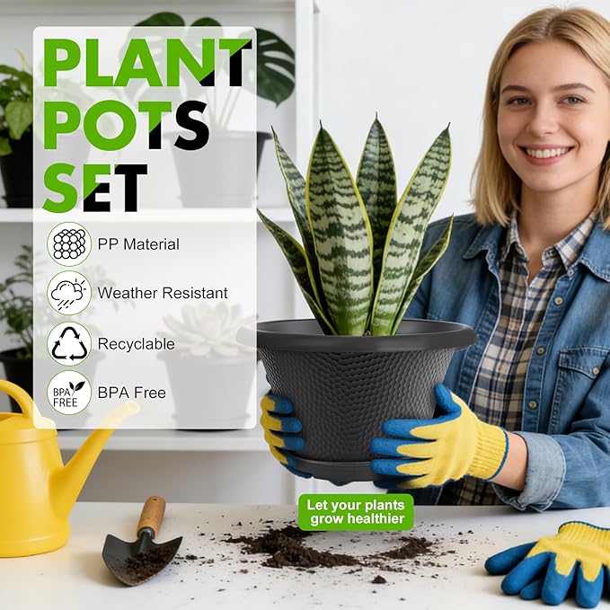 Quarut 12 Inch Pots for Plants,4 Pack Large Flower Pots with Drainage Hole & Saucer,Modern Planters for Indoor Outdoor Plants,Decorative Resin Garden Pots Black