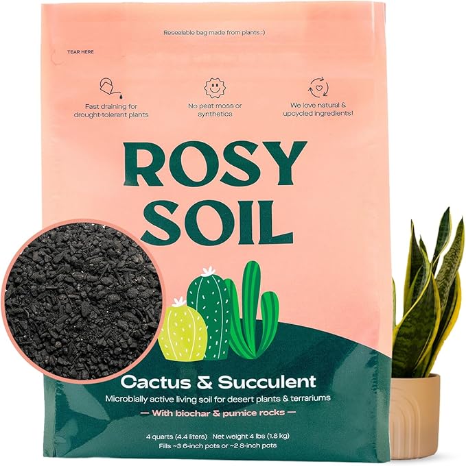 Rosy Soil Cactus and Succulent Organic Potting Soil Mix for House Plants - Fast Draining, Root Boosting, Peat-Free, Less Prone to Gnats - Drought-Tolerant -for AloeVera, Cacti, Indoor Succulents- 4qt