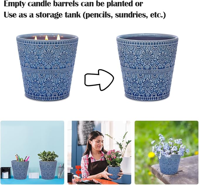 3-Wick Citronella Candle Outdoor Indoor, 20 Ounce Lemongrass Soy Wax Candle in Blue Ceramic Jar for Home Garden Patio Yard Balcony and Summer Gift
