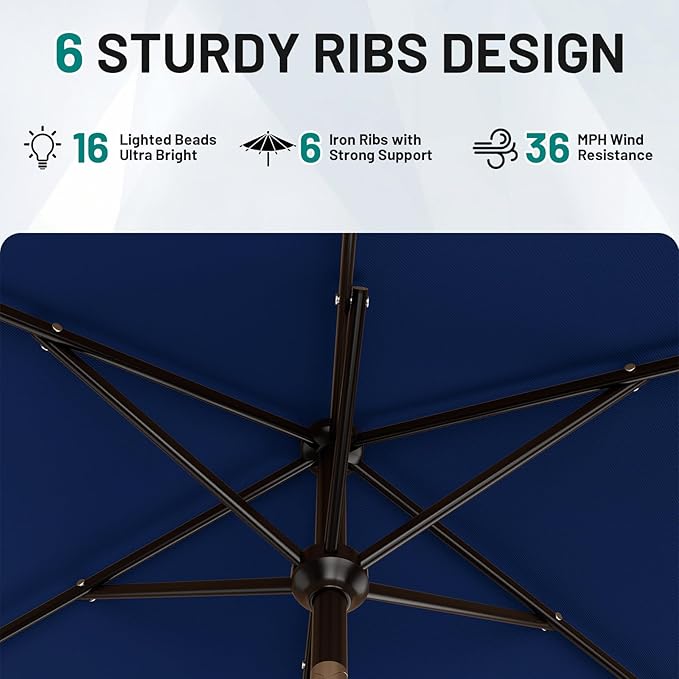 AreShark 6.5' x 10' Rectangular Patio Umbrella with Solar Lights, Solar Powered Lighted Market Umbrella w/Tilt and Crank, Outdoor Table Umbrella for Garden, Deck, Backyard, Pool and Beach, Navy